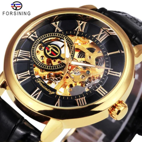 Forsining Classic Transparent Skeleton Mechanical Watch for Men Luminous Hands Luxury Brand Retro Mens Watches Leather Strap