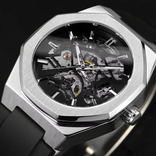 Forsining Silver Skeleton Automatic Watch with Rubber Band for Men