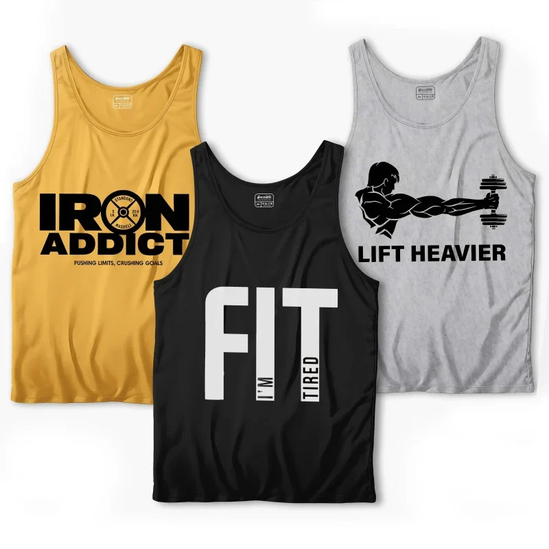 Image showing a pack of three (3) men's printed tank tops with a 'Heavier Iron Fit' or athletic bodybuilding cut, suitable as gym wear or casual summer apparel.