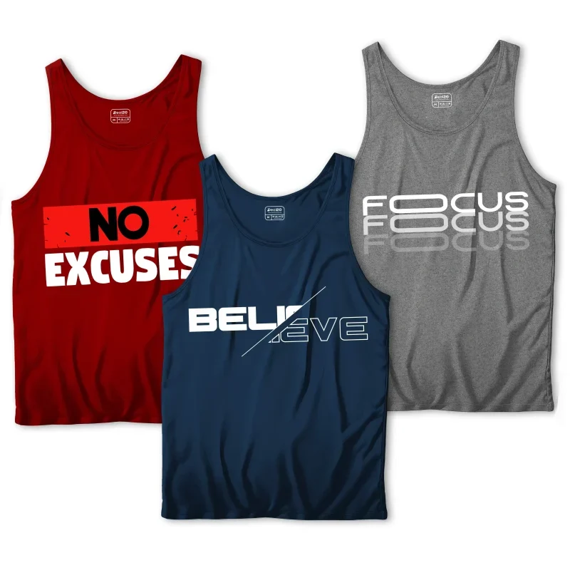 Pack of 3 Get Focus No Believe Printed Tank Tops for Men – Motivational Gym Wear