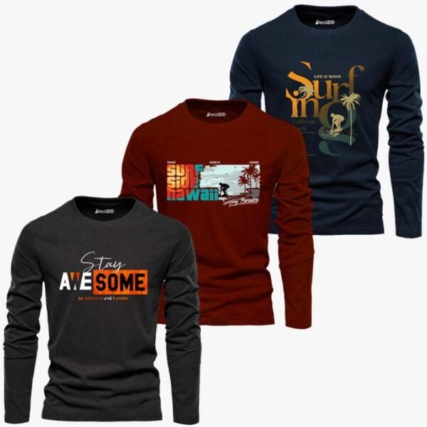Pack of 3 Awesome Surfing Hawaii Mens Printed Long Sleeves T-Shirts