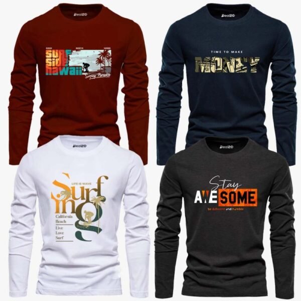 Pack of 4 Time for Awesome Surfing Mens Printed Long Sleeves T-Shirts