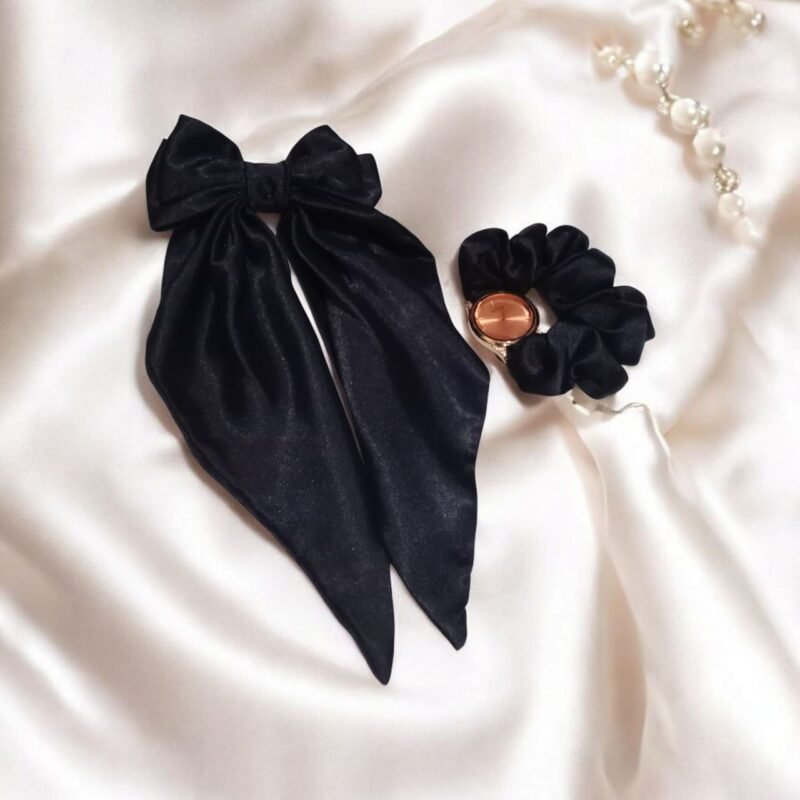 Silk long tail bow with matching scrunchie watch set