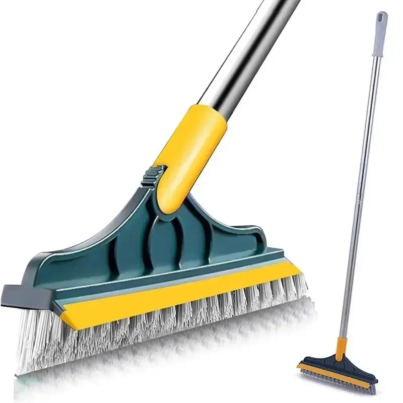 2-in-1 long handle cleaning brush with stiff bristle and squeegee for crevice, algae, and corner dirt removal
