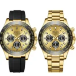 Men's automatic mechanical wristwatch with a black or dark dial, showing the luminous hands, waterproof case, and multifunctional timer sub-dials for night vision viewing.