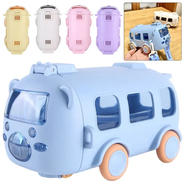 Bus shape water bottle with wheels and strap for kids
