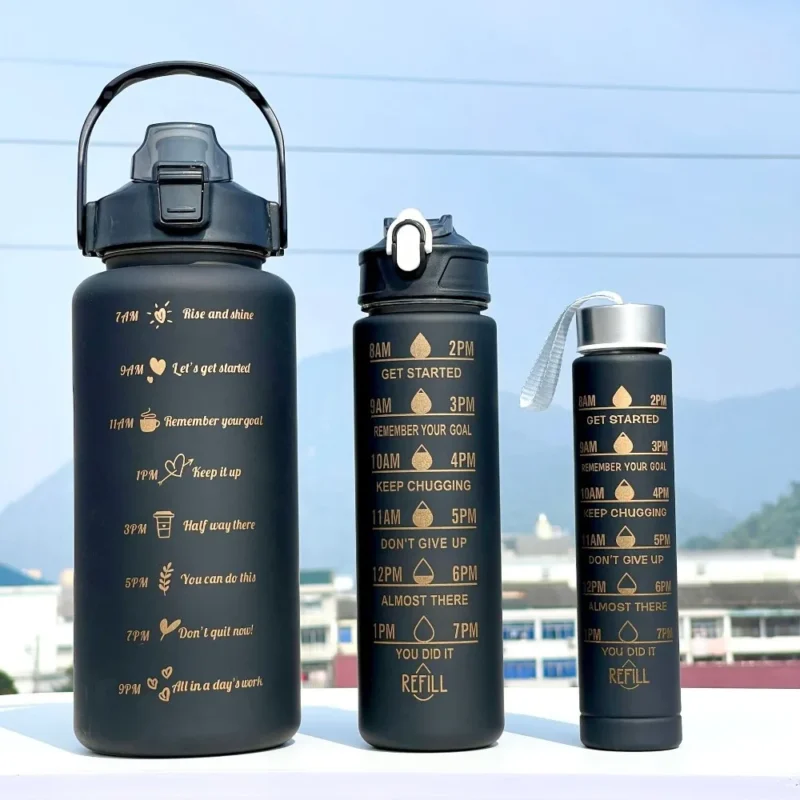 3pcs large capacity gym water bottle set with straw and time marker