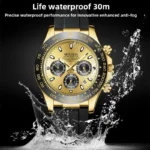 Men's automatic mechanical wristwatch with a black or dark dial, showing the luminous hands, waterproof case, and multifunctional timer sub-dials for night vision viewing.