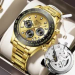 Men's automatic mechanical wristwatch with a black or dark dial, showing the luminous hands, waterproof case, and multifunctional timer sub-dials for night vision viewing.