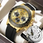 Men's automatic mechanical wristwatch with a black or dark dial, showing the luminous hands, waterproof case, and multifunctional timer sub-dials for night vision viewing.