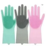 Pair of silicone dishwashing gloves (men's size) showing the built-in scrubbing mitt texture on the palm and fingers, used as an all-in-one kitchen cleaning tool.
