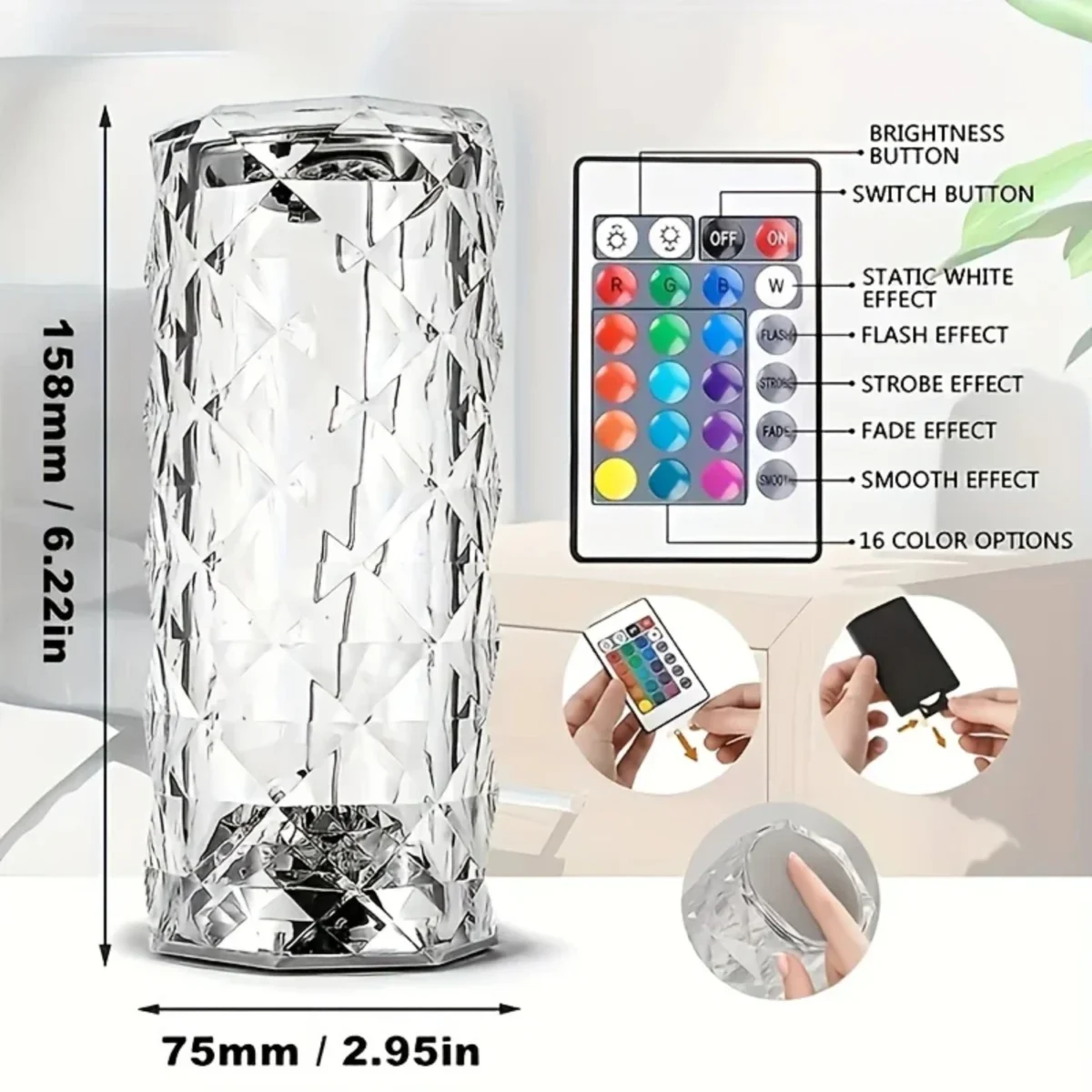 Diamond Table Lamp with 16-color changing LED lights, USB rechargeable crystal night lamp