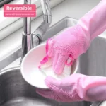 Pair of silicone dishwashing gloves (men's size) showing the built-in scrubbing mitt texture on the palm and fingers, used as an all-in-one kitchen cleaning tool.