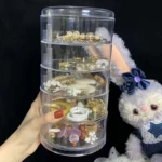 Rotating Jewelry Storage Box Acrylic Organizer with Cover for Rings and Earrings