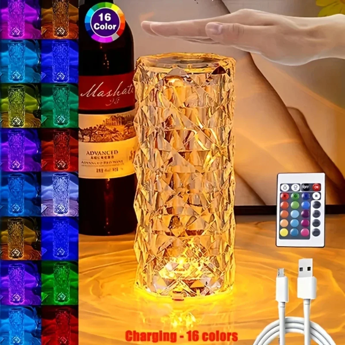 Diamond Table Lamp with 16-color changing LED lights, USB rechargeable crystal night lamp