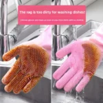 Pair of silicone dishwashing gloves (men's size) showing the built-in scrubbing mitt texture on the palm and fingers, used as an all-in-one kitchen cleaning tool.