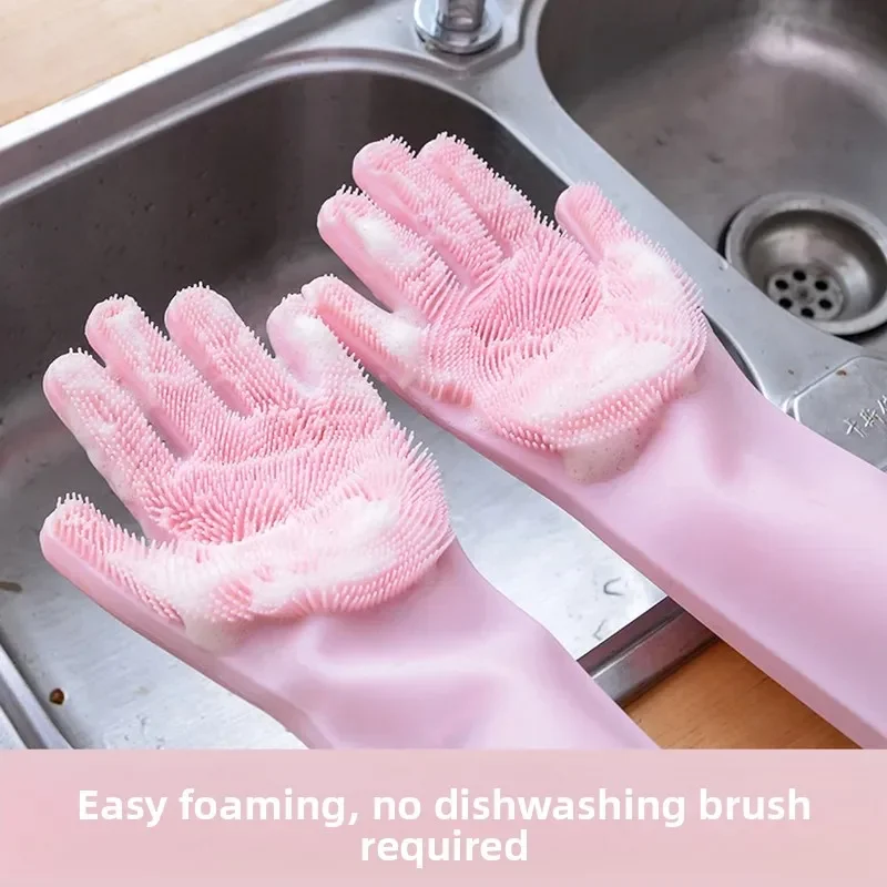Pair of silicone dishwashing gloves (men's size) showing the built-in scrubbing mitt texture on the palm and fingers, used as an all-in-one kitchen cleaning tool.