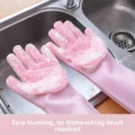 Pair of silicone dishwashing gloves (men's size) showing the built-in scrubbing mitt texture on the palm and fingers, used as an all-in-one kitchen cleaning tool.