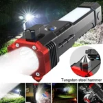 LED Flashlight Tactical Torch rechargeable long-range camping spotlight with COB sidelight and safety hammer