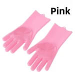 Pair of silicone dishwashing gloves (men's size) showing the built-in scrubbing mitt texture on the palm and fingers, used as an all-in-one kitchen cleaning tool.
