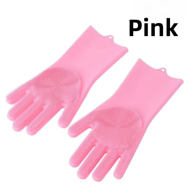 kf-S7168323716f14abc9d5205affd8342d1K Pair of silicone dishwashing gloves (men's size) showing the built-in scrubbing mitt texture on the palm and fingers, used as an all-in-one kitchen cleaning tool.