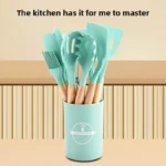 12 Pieces Kitchen Utensils Set Silicone Wooden Handles with Storage Cylinder