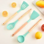 12 Pieces Kitchen Utensils Set Silicone Wooden Handles with Storage Cylinder