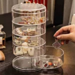 Rotating Jewelry Storage Box Acrylic Organizer with Cover for Rings and Earrings