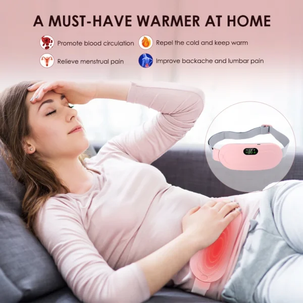 "Menstrual heating pad device belt with vibration and heat for period pain relief, rechargeable and adjustable waist massage belt"