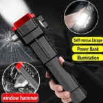 LED Flashlight Tactical Torch rechargeable long-range camping spotlight with COB sidelight and safety hammer