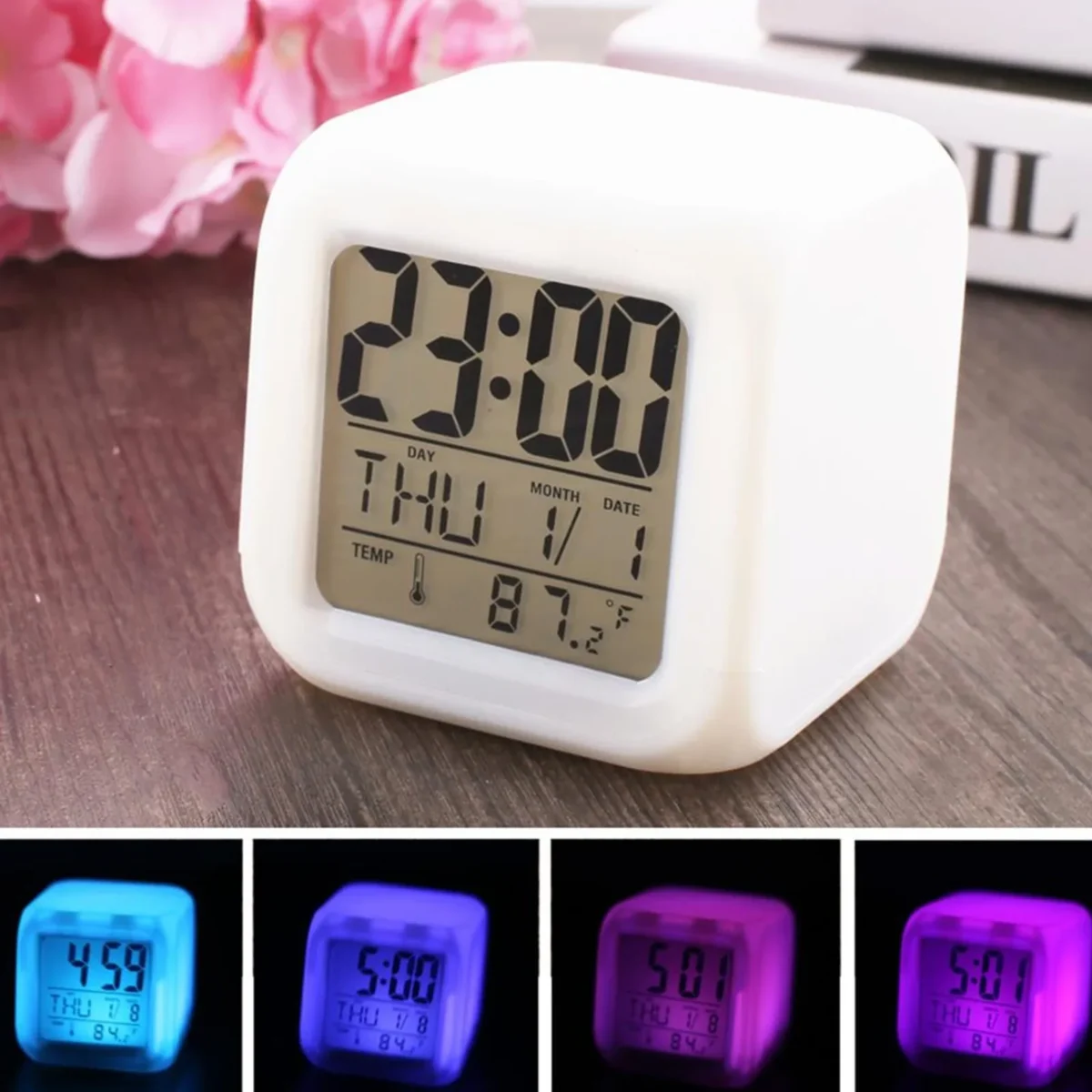 LED Alarm Clock Colorful with Adjustable Brightness for Bedroom Desk