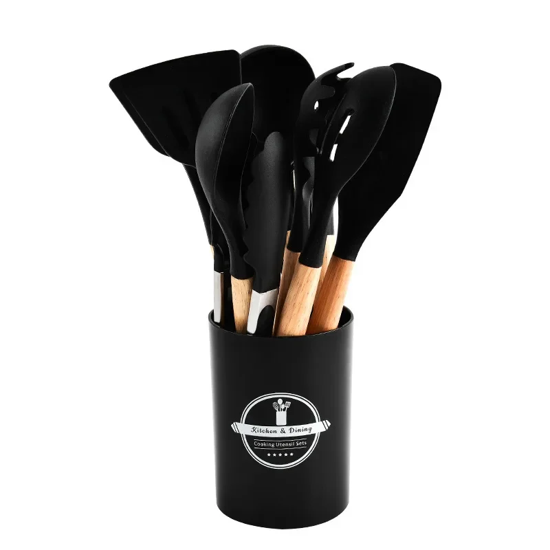 12 Pieces Kitchen Utensils Set Silicone Wooden Handles with Storage Cylinder