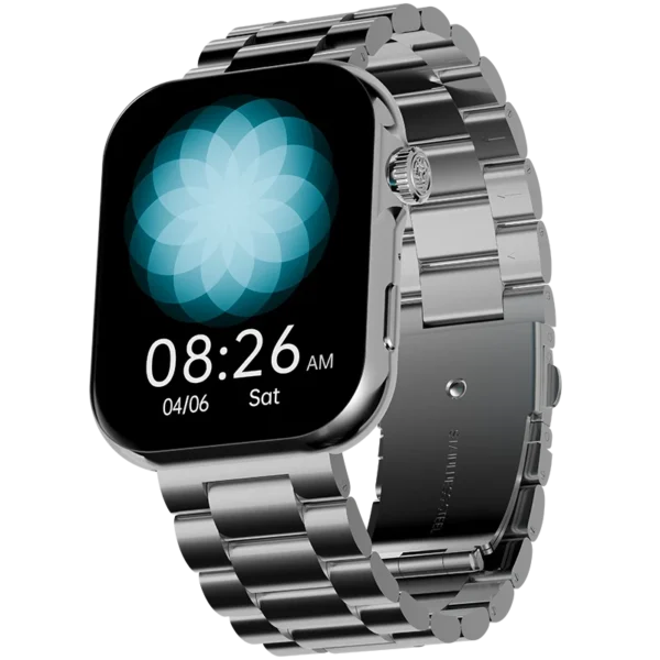Front view of the Ronin R-09 Luxe Smart Watch, featuring a silver premium casing and a leather strap, with the screen displaying a clock face.