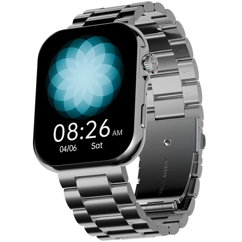 Ronin-R09-Luxe-Smart-Watch-Premium-Silver-Case.jpg Front view of the Ronin R-09 Luxe Smart Watch, featuring a silver premium casing and a leather strap, with the screen displaying a clock face.