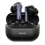 Ronin Vesper Earbuds R-7075 inside their black, compact charging case, displaying the earbuds' ergonomic design.