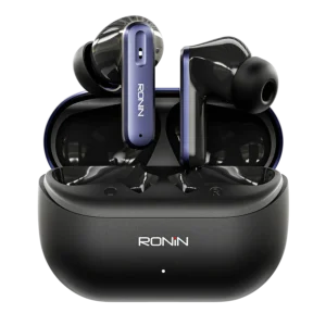 Ronin Vesper Earbuds R-7075 inside their black, compact charging case, displaying the earbuds' ergonomic design.