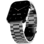 Front view of the Ronin R-09 Luxe Smart Watch, featuring a silver premium casing and a leather strap, with the screen displaying a clock face.