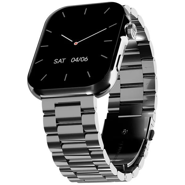 Ronin-R09-Luxe-Smart-Watch-Premium-Silver-Case.jpg Front view of the Ronin R-09 Luxe Smart Watch, featuring a silver premium casing and a leather strap, with the screen displaying a clock face.