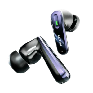 Ronin Vesper Earbuds R-7075 inside their black, compact charging case, displaying the earbuds' ergonomic design.