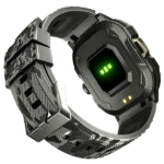 Front view of the Ronin R-13 Rugged Smart Watch, showing its reinforced black casing, textured strap, and a display with GPS navigation data.