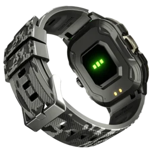 Front view of the Ronin R-13 Rugged Smart Watch, showing its reinforced black casing, textured strap, and a display with GPS navigation data.