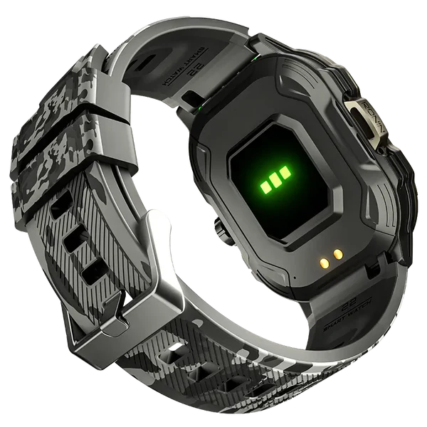 11_c66b83b0-81c9-468a-8961-60b551a6bf8c Front view of the Ronin R-13 Rugged Smart Watch, showing its reinforced black casing, textured strap, and a display with GPS navigation data.