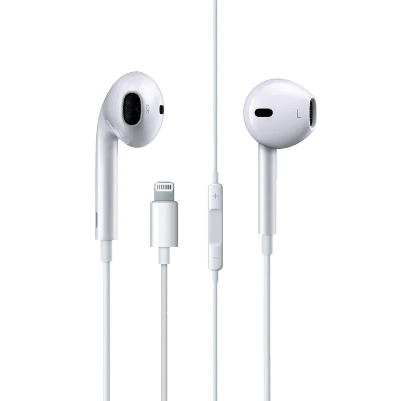 Ronin R-825 ICORD Wired Handsfree Earphones with Apple Lightning connector and an in-line microphone/remote, designed for iOS devices.