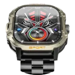 Front view of the Ronin R-13 Luxe Smart Watch, featuring a silver premium stainless steel casing and a high-grade strap, with the new high-resolution interface displayed.