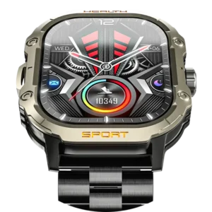 Front view of the Ronin R-13 Luxe Smart Watch, featuring a silver premium stainless steel casing and a high-grade strap, with the new high-resolution interface displayed.