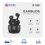 Ronin R-190 Mashion True Wireless Earbuds and their sleek, compact charging case, highlighting the minimalist, modern design.