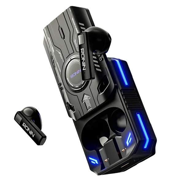 Ronin R-7035 Dominator True Wireless Earbuds and their charging case, highlighting the bold, gaming-focused design and powerful appearance.