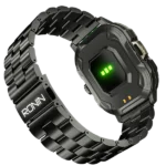 Front view of the Ronin R-13 Luxe Smart Watch, featuring a silver premium stainless steel casing and a high-grade strap, with the new high-resolution interface displayed.