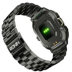 Front view of the Ronin R-13 Luxe Smart Watch, featuring a silver premium stainless steel casing and a high-grade strap, with the new high-resolution interface displayed.