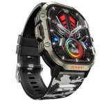 Front view of the Ronin R-13 Rugged Smart Watch, showing its reinforced black casing, textured strap, and a display with GPS navigation data.